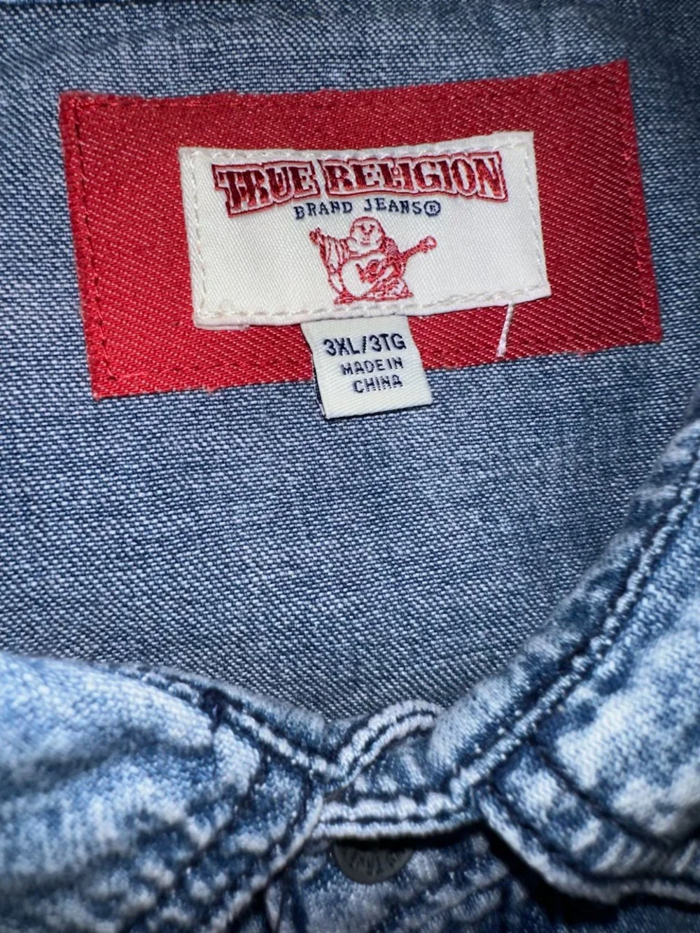 True Religion Mens 3XL Western Blue Denim Jean Jacket Distressed Ocean Tide